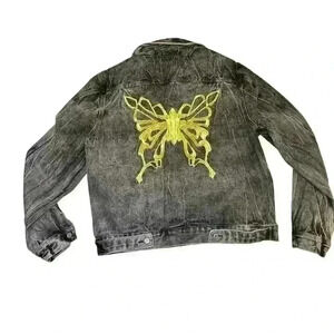 Beautiful boho Denim Jacket With gold embroidered Butterfly size 8-10 women Y2K.